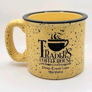 Trader's Coffee House Campfire Style Stoneware Mug Yellow Black Rustic Lodge